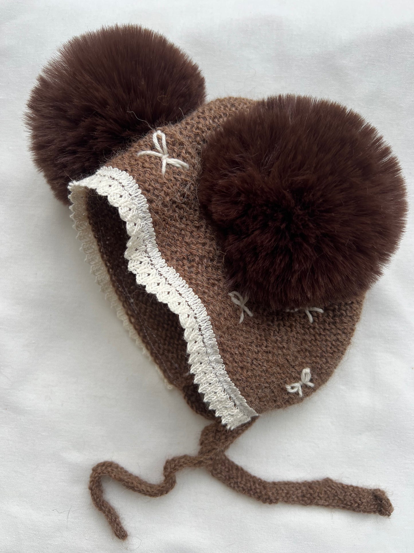 Chocolate Brown Faux Fur Bow Pompom Bonnet