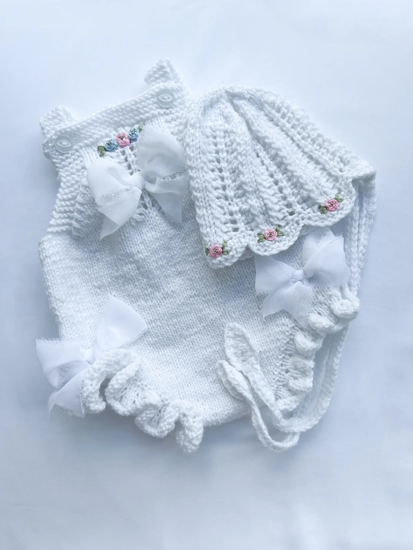 Tilly Hand Knitted Romper and Bonnet Set